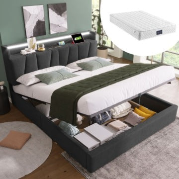 Grey Upholstered 140 x 200 cm Bed with Spring Mattress